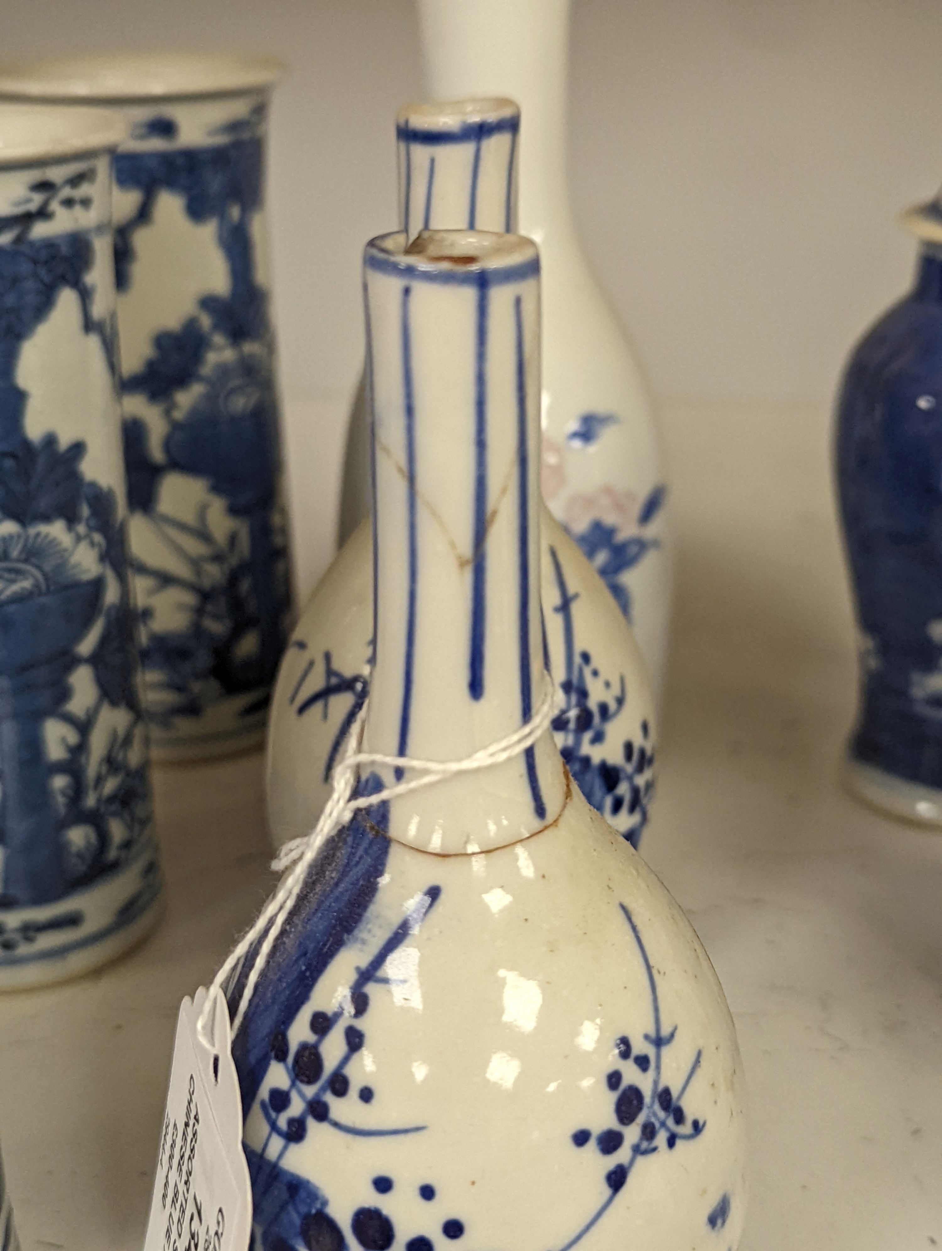 Assorted small Chinese blue and white vases etc., tallest 22cm